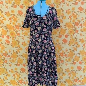 Cute True Vintage Black Floral Button Down Dress